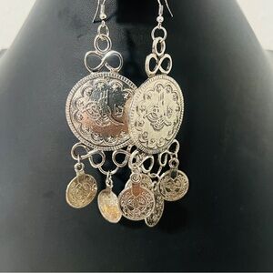 Turkish Antique Silver Ottoman Chandelier Coin Dangle Earrings Bohemian NWOT